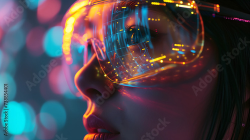 Close-up side view of a woman's face wearing a futuristic VR headset with holographic patterns overlaid on it showing vision. Background for futuristic technology and business presentation.