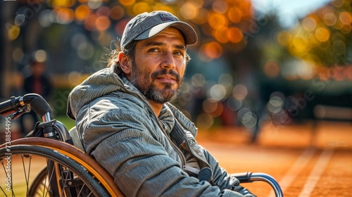 A man wearing a hat sits in a wheelchair on a tennis court.