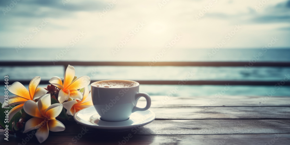 Cup off Coffee and Frangipani Flowers on wooden table with sea view background, copy space. Coffee and Plumeria Flowers in Summer Cafe, outdoors Cup off Coffee and Frangipani Flowers on wooden table with sea view background, copy space. Coffee and Plumeria Flowers in Summer Cafe, outdoors