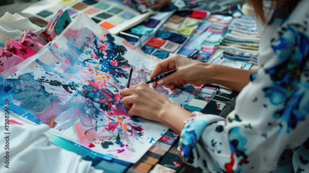Fototapeta premium fashion designer working in studio selects textiles a vibrant array of fabric swatches and sketches, creative process in fashion design