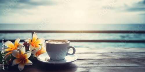 Cup off Coffee and Frangipani Flowers on wooden table with sea view background, copy space. Coffee and Plumeria Flowers in Summer Cafe, outdoors