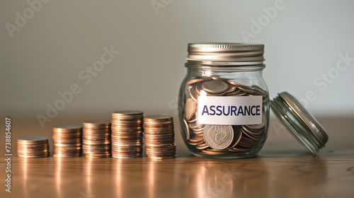 Un bocal en verre étiqueté "assurance" rempli de pièces de monnaie avec des piles de pièces à côté.