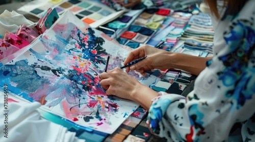 fashion designer working in studio selects textiles a vibrant array of fabric swatches and sketches, creative process in fashion design