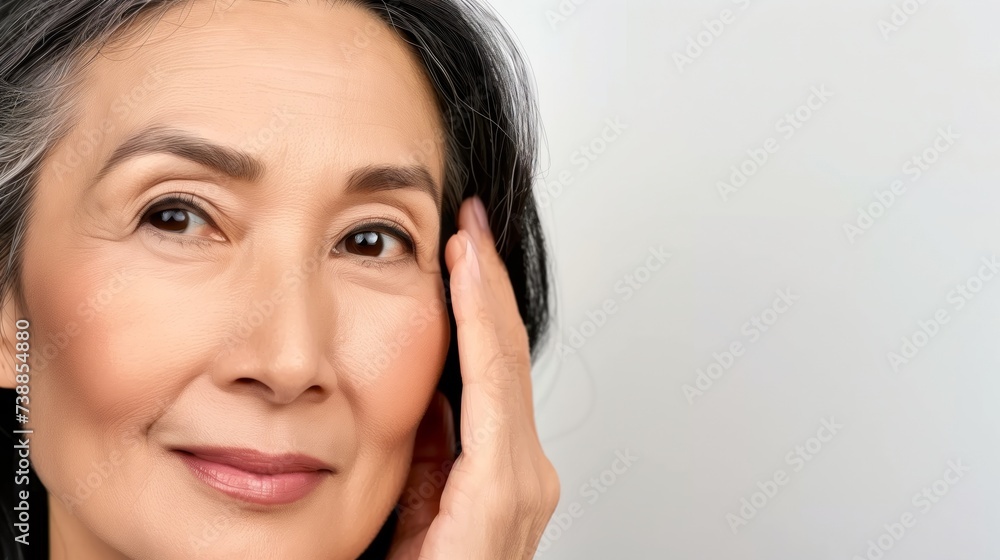 Closeup cut portrait of happy middle aged mature asian woman, senior older 50 year lady looking at camera touching her face isolated on white. Ads of eye lifting anti wrinkle skin care cream Closeup cut portrait of happy middle aged mature asian woman, senior older 50 year lady looking at camera touching her face isolated on white. Ads of eye lifting anti wrinkle skin care cream