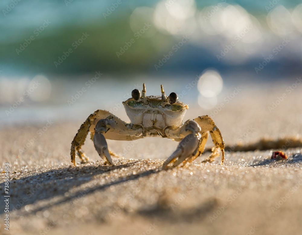 super tiny crab on the sand beach looking into camera super tiny crab on the sand beach looking into camera