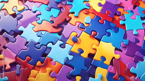 Colorful puzzle background on flat surface, scattered multi-color puzzle pieces