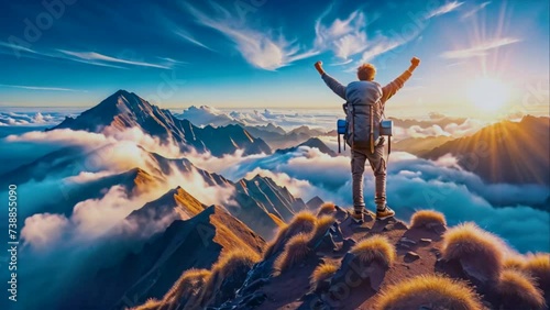 Man standing on top of mountain above the clouds and raising arms, victory and success concept. photo