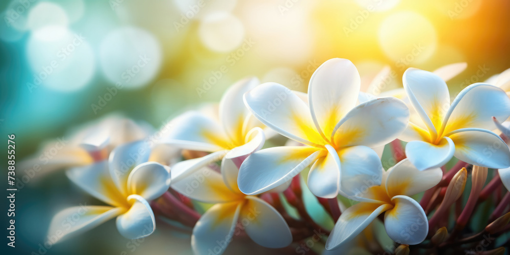 White Frangipani Flowers Blooming in the Tropical Garden. Plumeria Flowers, Close up. Beautiful floral background for greeting card for Birthday, Mother's day, Woman's day, 8 march, Wedding White Frangipani Flowers Blooming in the Tropical Garden. Plumeria Flowers, Close up. Beautiful floral background for greeting card for Birthday, Mother's day, Woman's day, 8 march, Wedding