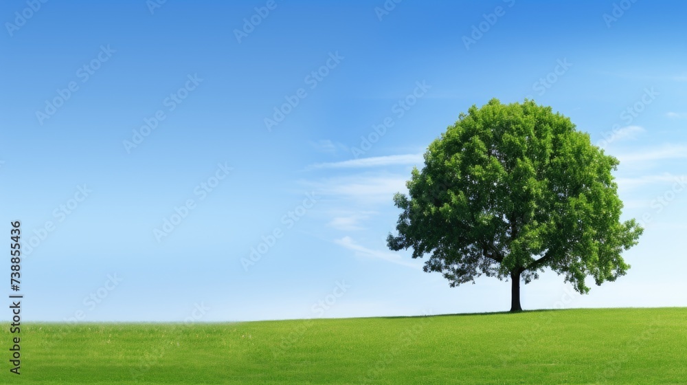 tree in the field. A green deciduous tree on a green lawn or field against a blue sky background. Landscape, blank. tree in the field. A green deciduous tree on a green lawn or field against a blue sky background. Landscape, blank.