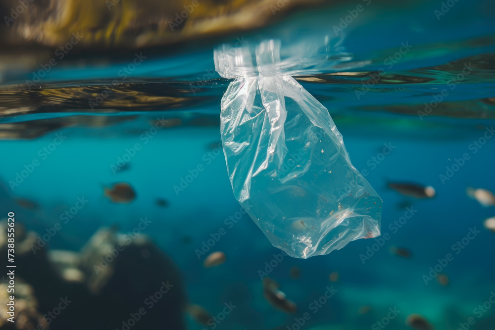 close-up of a plastic bag in the ocean. The bag is floating in the water