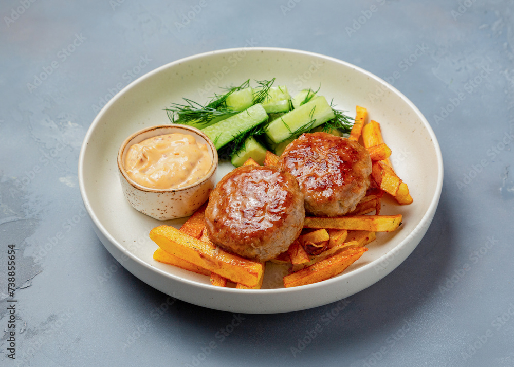 Meat cutlets with French fries and fresh cucumbers in a plate. Meat cutlets with French fries and fresh cucumbers in a plate.
