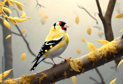 Cute male of goldfinch lugano bird with yellow plumage sitting on thin leafless twig in forest. AI generated © Muhammad