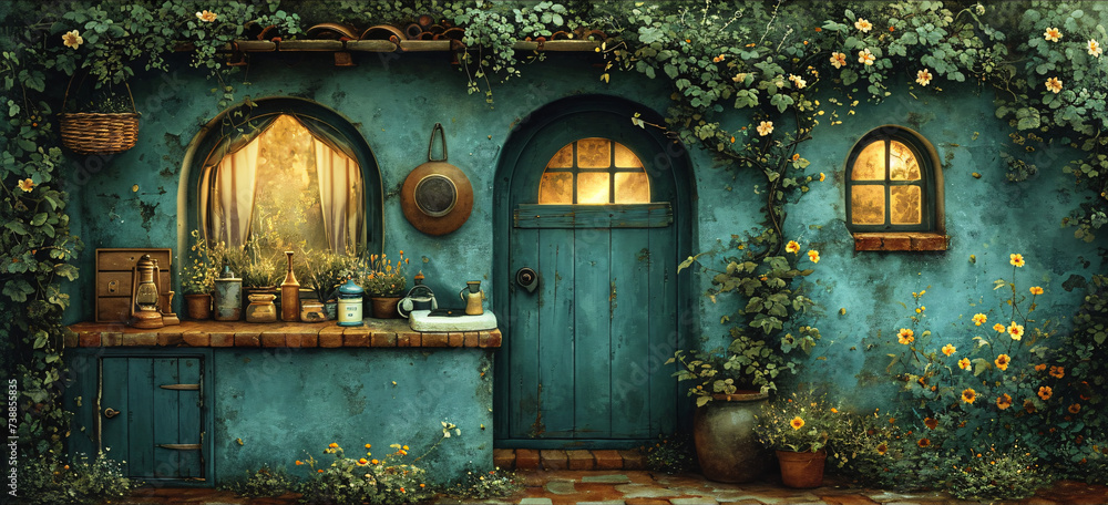 cozy cottage under full moon, garden blooms in night's embrace, a tranquil haven