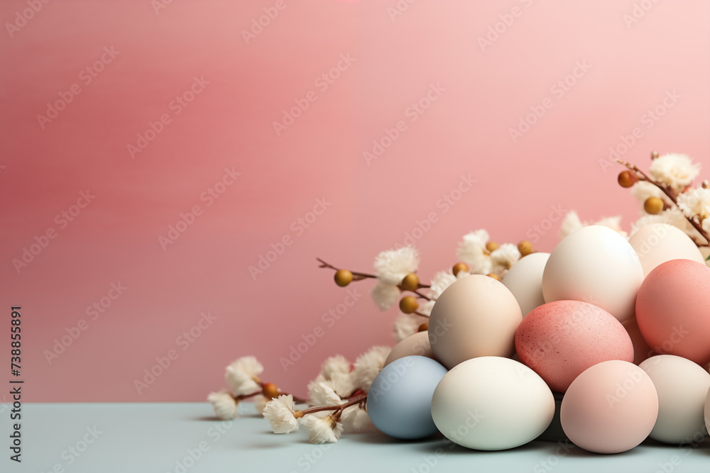 Easter eggs and flowers on the right side of a light red background