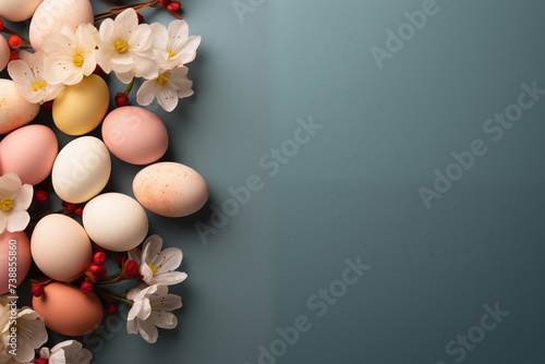 Easter eggs and flowers on the left side of a dark blue background photo