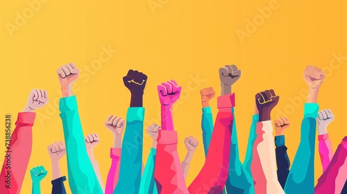 Diverse Raised Fists of Unity Against Yellow Background - Illustration of Multicolored Hands Uprising in Solidarity