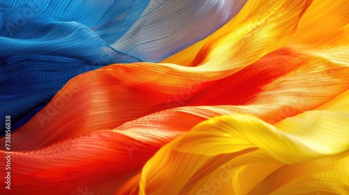 Background. The texture of a multicolored bright, saturated color and shade of silk.Natural fabric with curves. Colors: orange, red, blue.