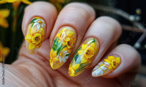 vibrant yellow spring nail art with daffodil design on a floral background