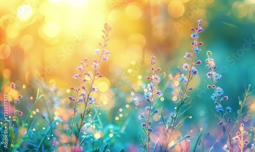 grassy bokeh sky with blue flowers