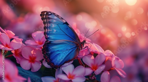 A stunning Morpho butterfly with vibrant blue wings resting on pink-violet flowers in a close-up macro shot in the springtime