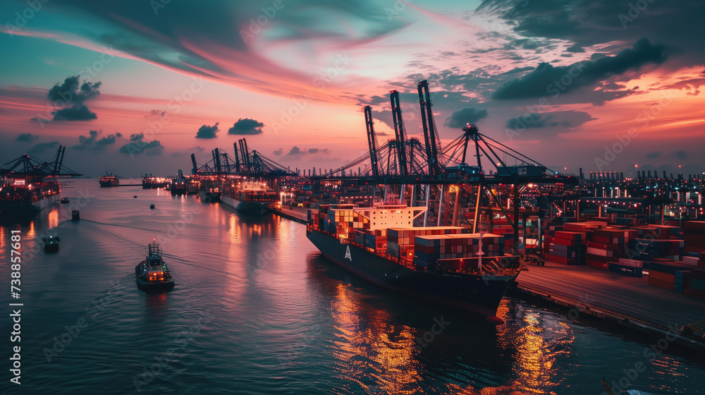 A bustling port with cranes and cargo ships against the backdrop of a stunning sunset sky reflecting on the water.