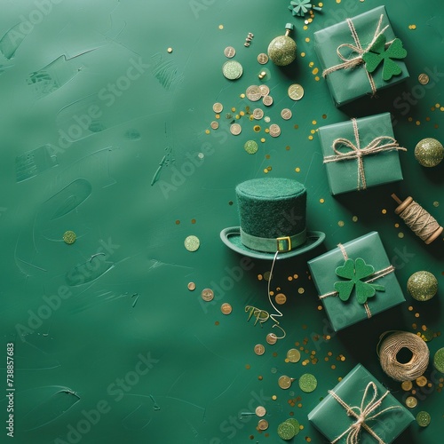 Saint Patrick's Day. A top-view image featuring leprechaun hat gift boxes, twine spool, gold coins,