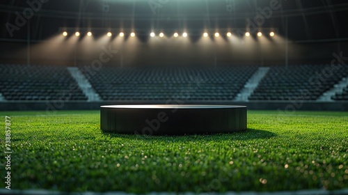 In the middle of a stadium sits a podium, encircled by empty seats and flashes of light © ArtCookStudio