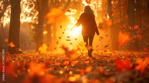 A woman in a cozy sweater kicks through a carpet of fallen leaves