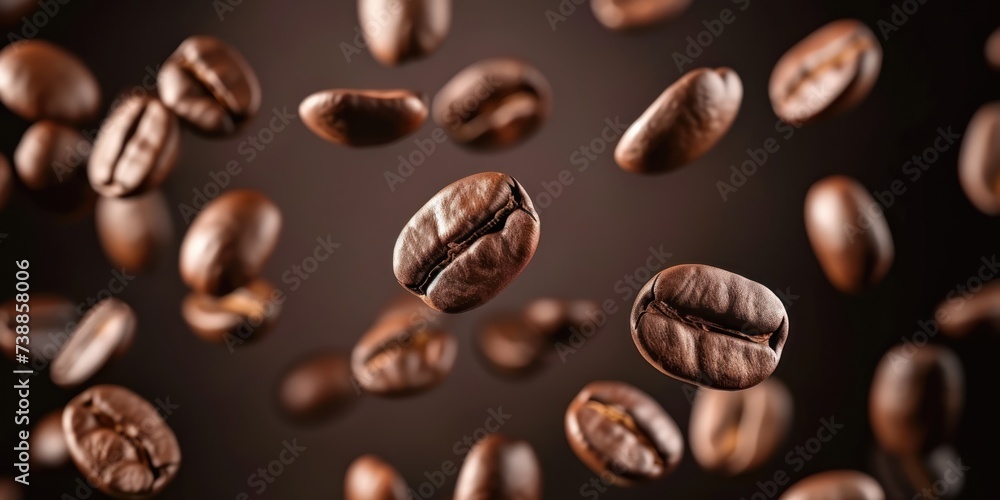 Closeup Brown Roasted Coffee Beans in flight On Dark Background Closeup Brown Roasted Coffee Beans in flight On Dark Background
