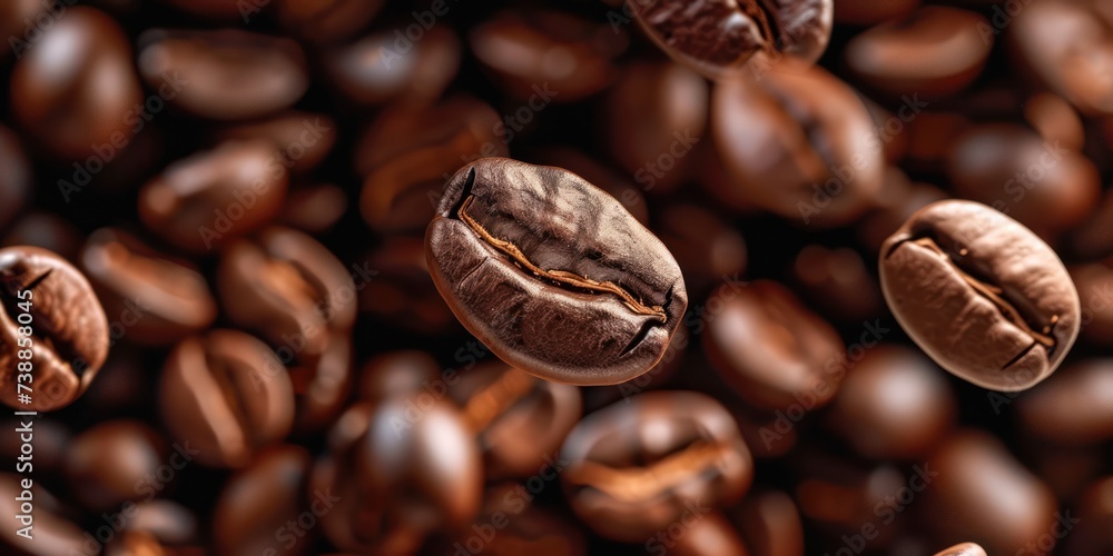 Fototapeta premium Closeup Roasted Coffee Beans in flight On Dark Background