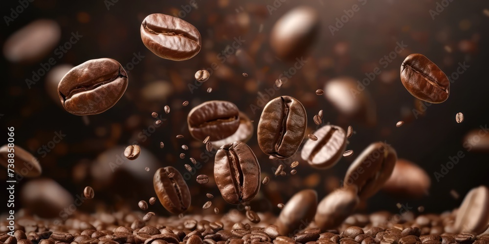 Closeup Roasted Coffee Beans in flight On Dark Background Closeup Roasted Coffee Beans in flight On Dark Background