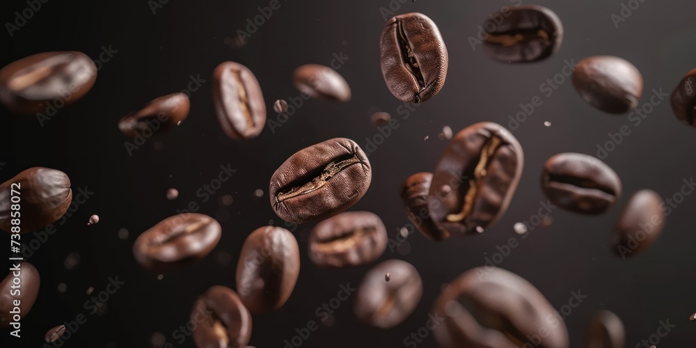 Closeup Roasted Coffee Beans in flight On Dark Background Closeup Roasted Coffee Beans in flight On Dark Background