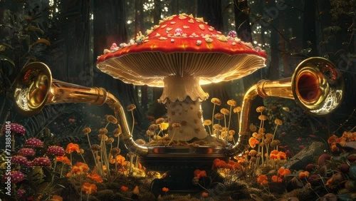 colourful fantasy magic mushrooms with gramophone horns made with generative AI