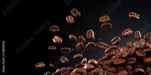 Closeup Roasted Coffee Beans in flight On Dark Background