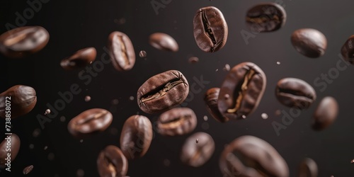 Closeup Roasted Coffee Beans in flight On Dark Background