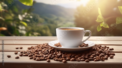 Hot coffee in a white coffee cup and many coffee beans placed around on a wooden table with a backdrop of high mountain views in the morning.