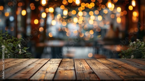 Wooden table set against a backdrop of abstract blurred restaurant lights