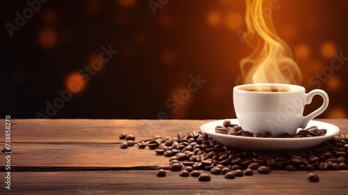 Hot coffee in a white coffee cup coffee beans and a coffee bag placed around on a wooden table in a warm,