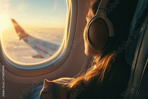 model flying on a plane with a window and a wing in the background and a headphones and a pillow on their head photo