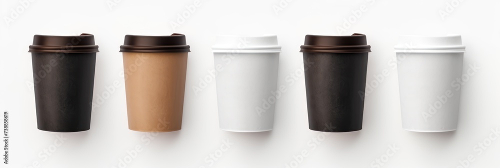 Set of paper takeaway cups of different isolated on a white background, Set of paper takeaway cups of different isolated on a white background,