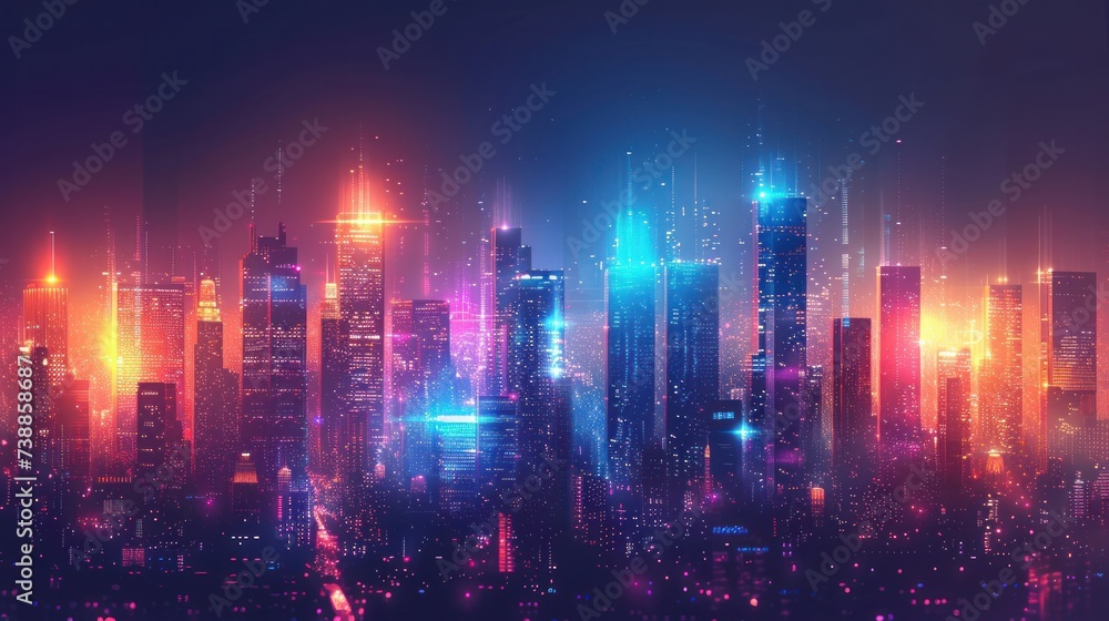 Vibrant city skyline at night, illuminated by a colorful array of lights and skyscrapers