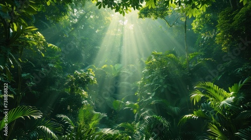 Lush green forest canopy with rays of sunlight streaming through the dense foliage