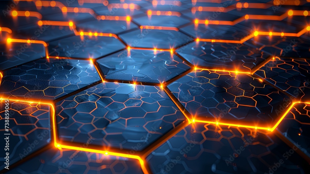 Hexagonal plates are laid out in mosaic and glow around the perimeter of the figures. Bright technological background. Illustration for banner, poster, cover, brochure or presentation. Hexagonal plates are laid out in mosaic and glow around the perimeter of the figures. Bright technological background. Illustration for banner, poster, cover, brochure or presentation.