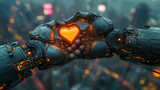 Robotic hands delicately hold a glowing heart in a futuristic setting. This image is perfect for: technology, love, future, artificial intelligence, emotion.