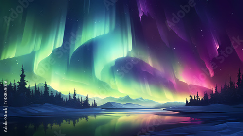 Northern Lights, Aurora Borealis, Snowy Mountains at Night