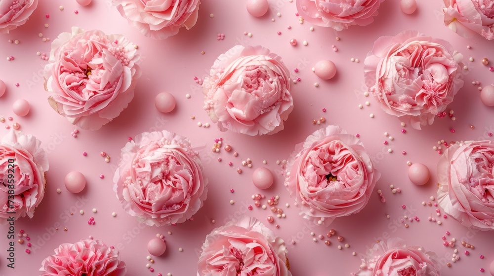 8th of March Concept: A top-down image featuring pink peony roses and sprinkles on a pastel pink background with space for customization 8th of March Concept: A top-down image featuring pink peony roses and sprinkles on a pastel pink background with space for customization