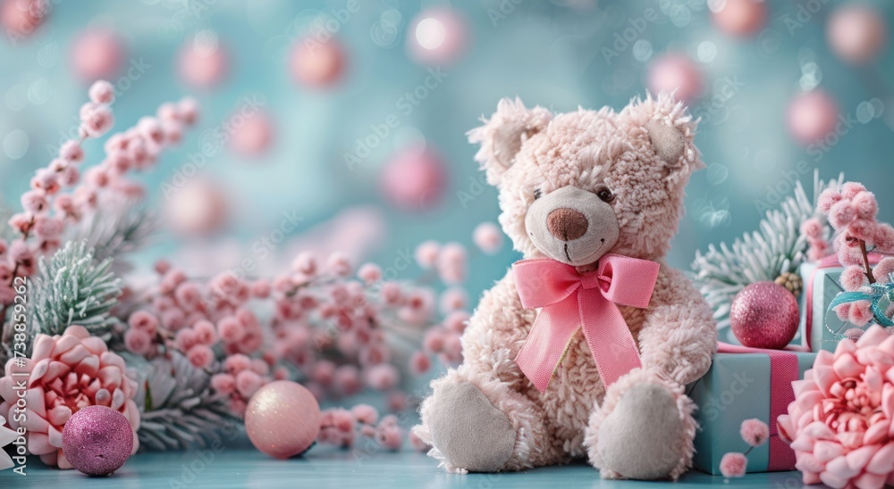 bear and birthday present on blue background bear and birthday present on blue background