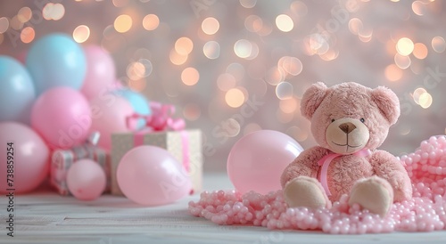 teddy bears, balloons and gifts on a pink background © ArtCookStudio