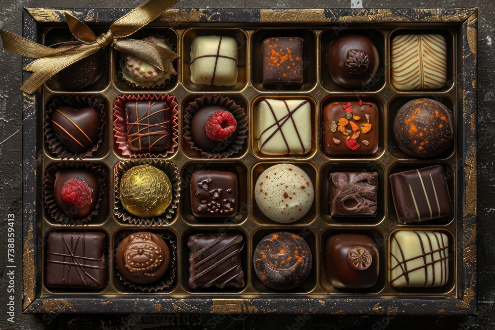 a box of different chocolates with gold ribbon and ribbons a box of different chocolates with gold ribbon and ribbons