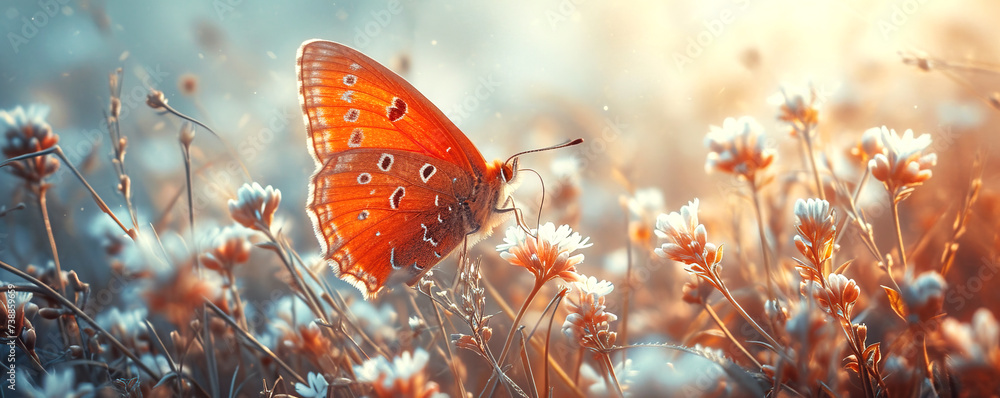 Close-up of a butterfly on a flower in a meadow in sunny weather - obrazy, fototapety, plakaty 